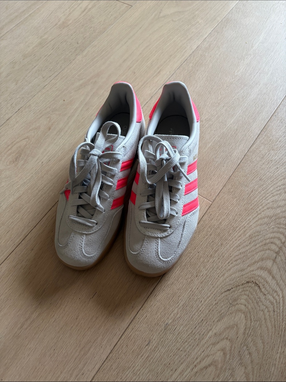 adidas Gazelle Off-White Suede Sneakers with Neon Pink Accents